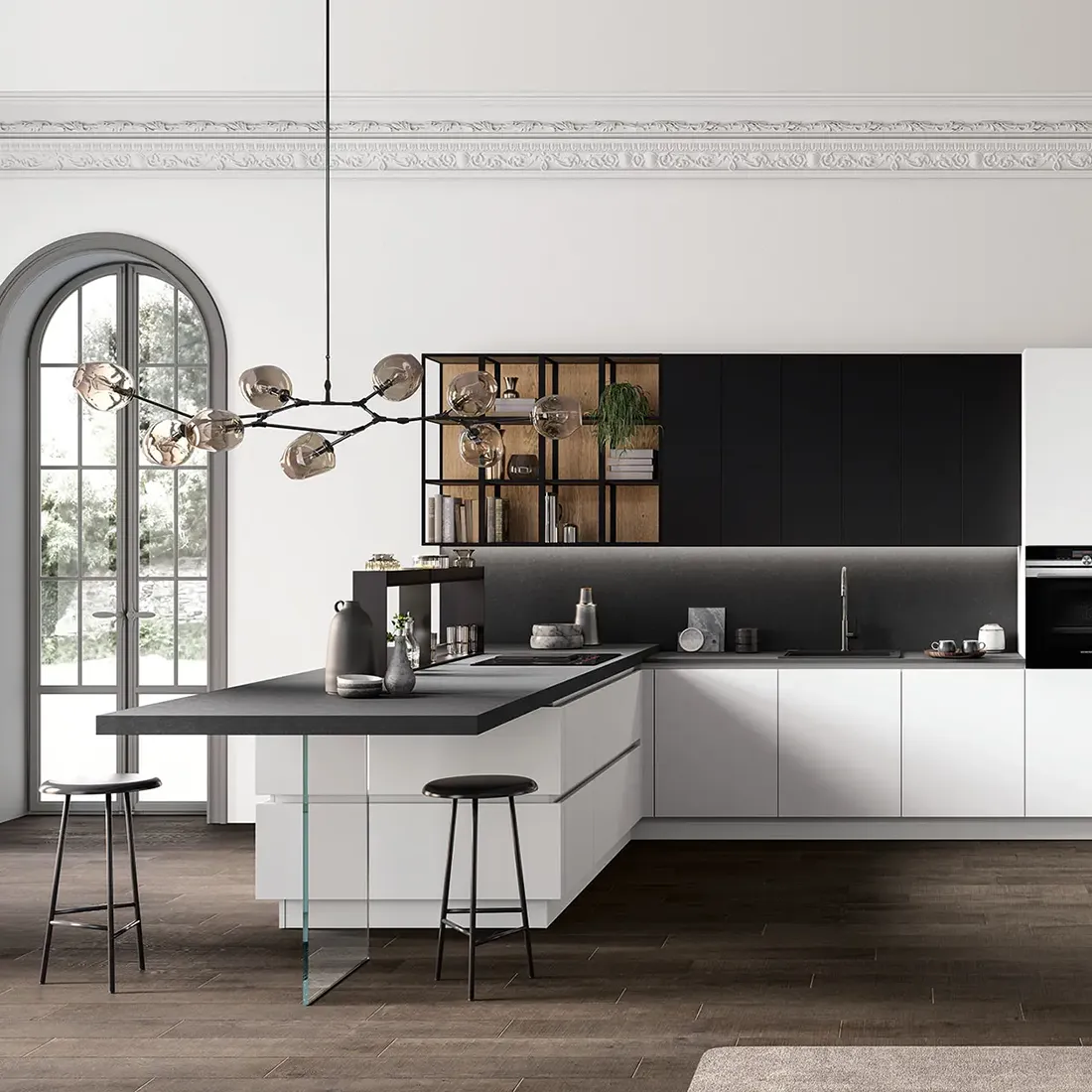Realizzazione cucina Time su misura con penisola nera e bianca a Codogno